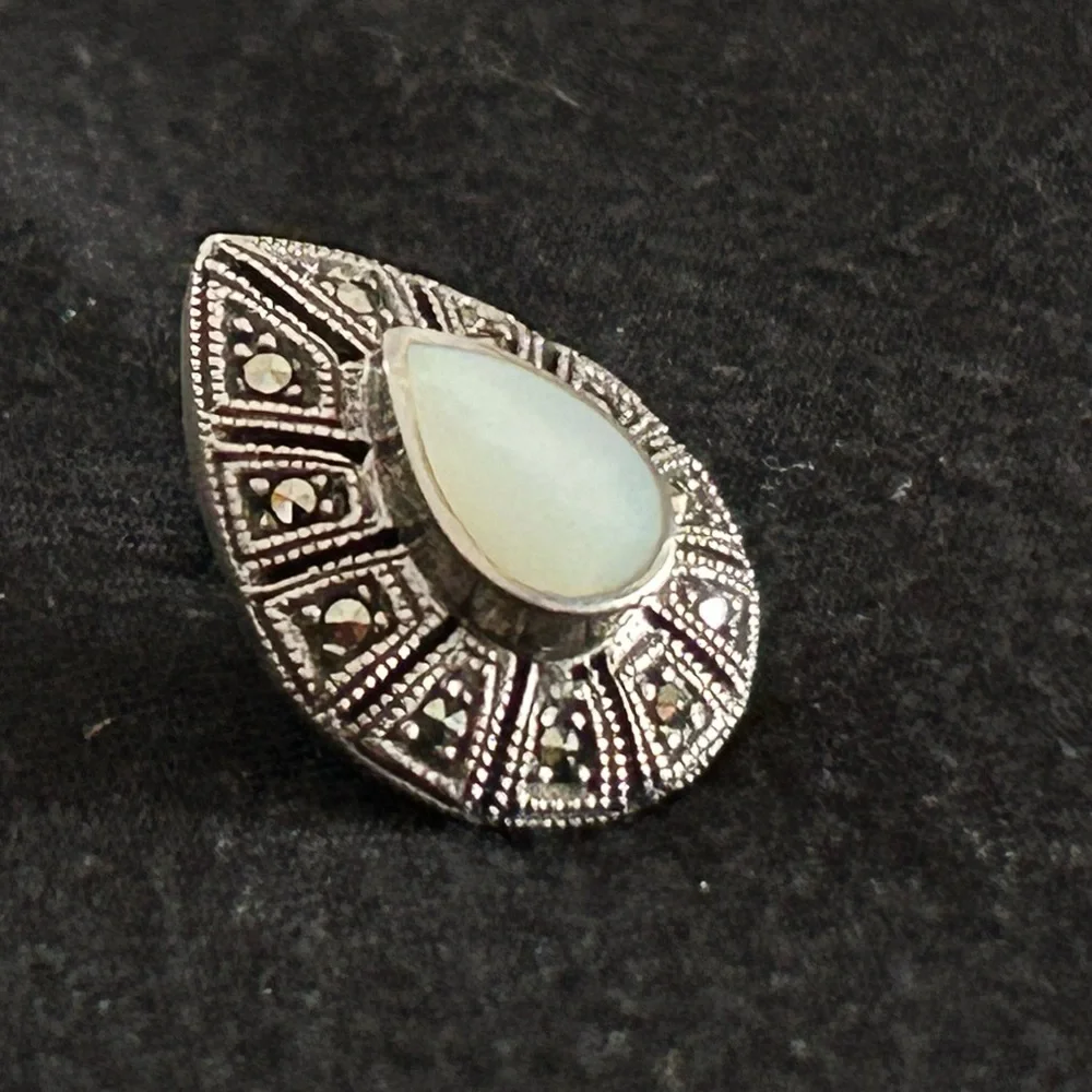 Sterling Silver Marcasite Rhinestone Teardrop Opal Pierced Earring, Single